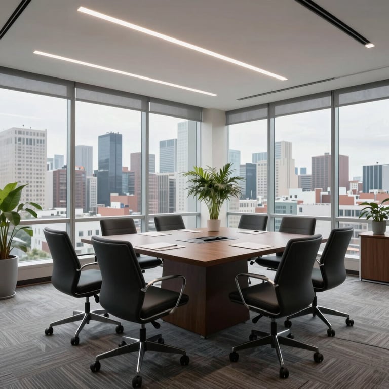 A bright and airy corporate conference room in a US office, with modern furniture and a view of a city skyline.