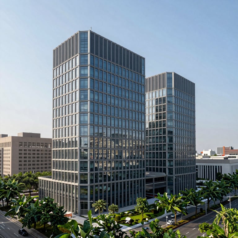 The exterior of a large, multi-story corporate headquarters in a North American city, featuring sustainable design and lush green surroundings.