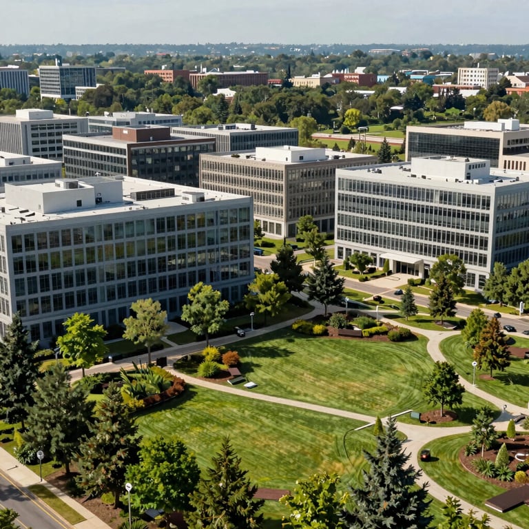 A wide shot of a sustainable corporate park in the US, with large office buildings and integrated green spaces, daytime lighting.