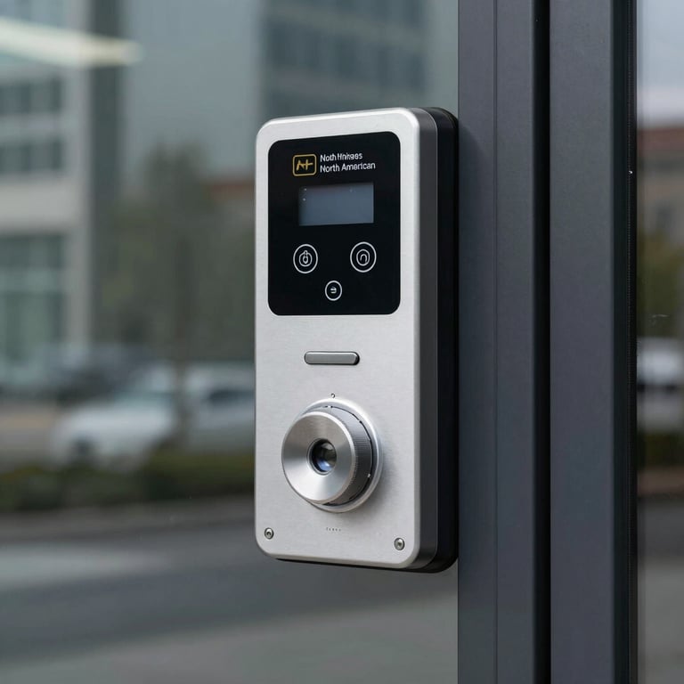 A close-up photograph of a modern electronic entry system on a glass door of a North American office building, professional and secure style.