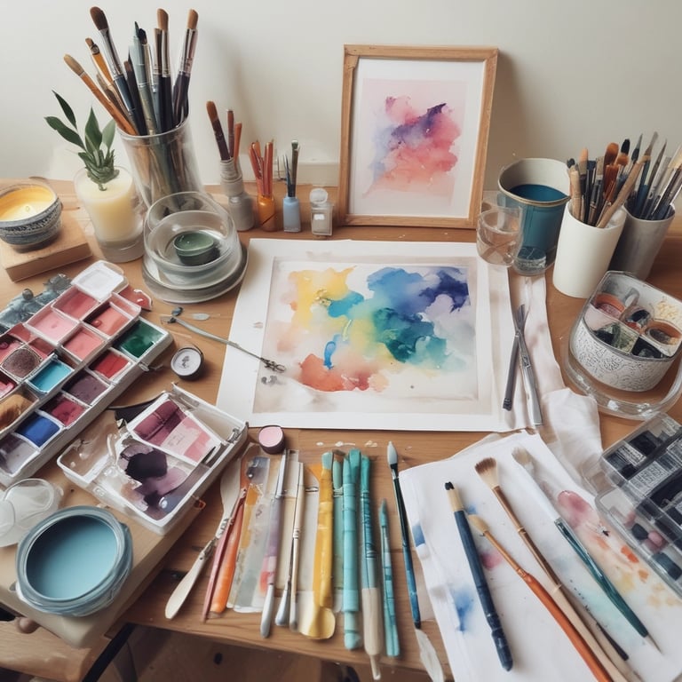 A cozy workspace with soft natural light, showing hands delicately painting a bookmark surrounded by candles and scarves.