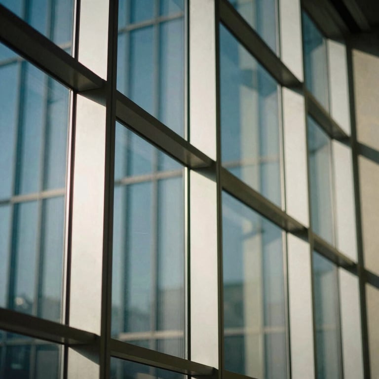 Artistic close-up of light refracting through high-quality architectural glass panels with steel accents.