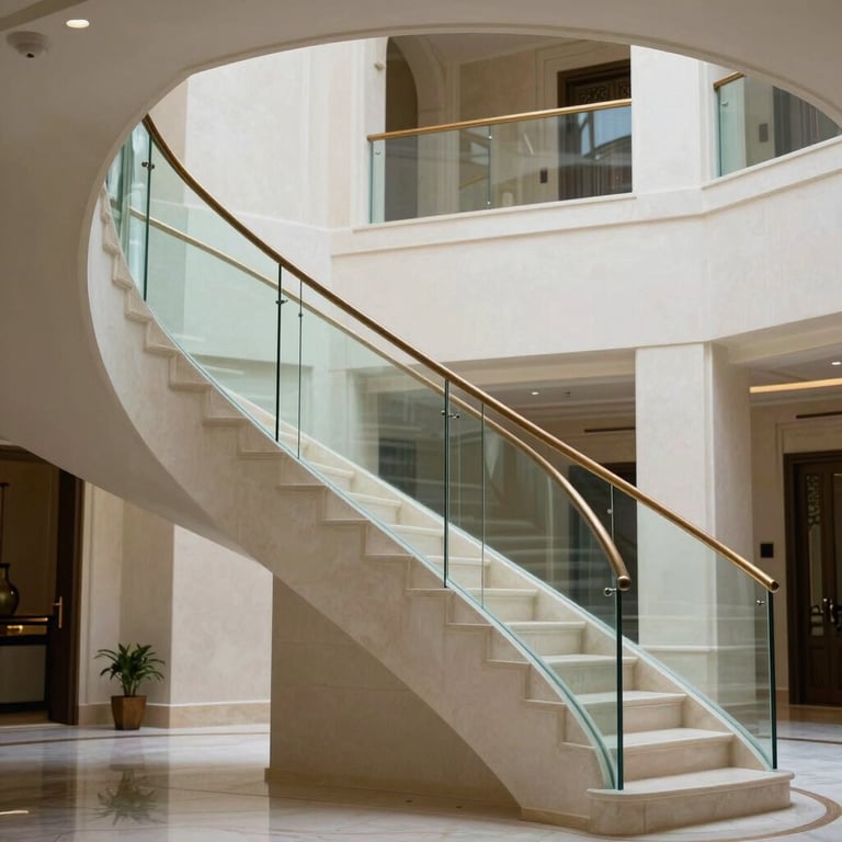 Architectural shot of a bespoke glass handrail on a spiral staircase in a Riyadh residential palace, Middle Eastern / Gulf style.