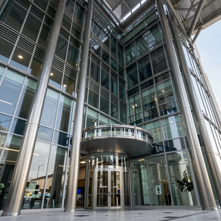 Wide-angle view of a corporate lobby in the Gulf region showcasing seamless glass walls and structural metal works.
