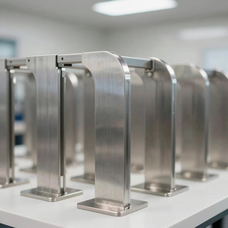 A rows of custom-fabricated stainless steel architectural supports reflecting bright, clean professional lighting.