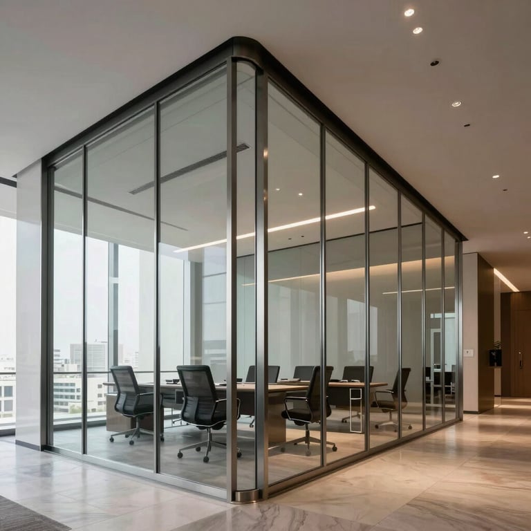 Sleek modern office interior in Riyadh featuring floor-to-ceiling glass partitions and brushed aluminum frames.