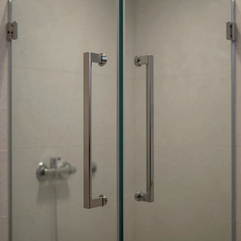 Detail shot of a premium glass shower partition with minimalist stainless steel hardware in a luxury villa bathroom.