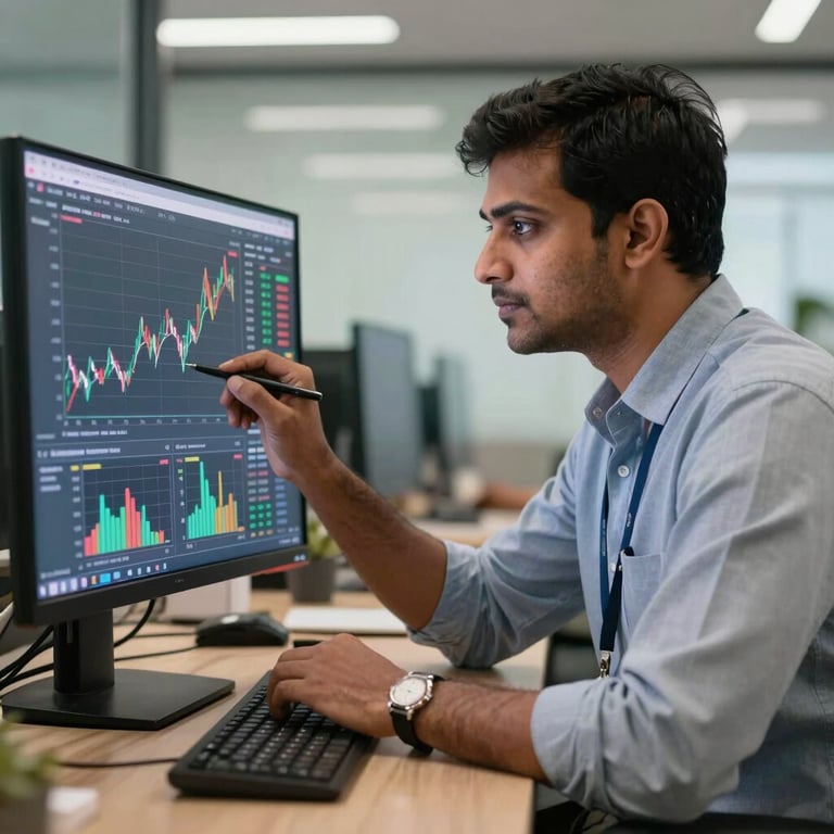 A focused South Asian / Indian professional analyzing financial charts on a modern screen in a Bangalore office.
