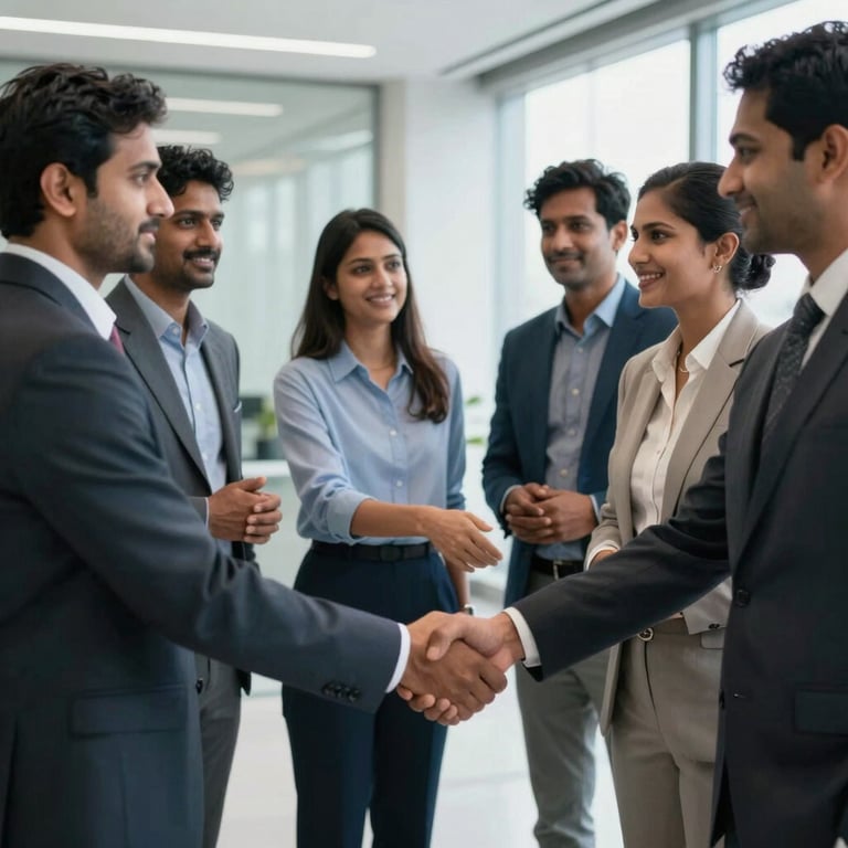 A group of diverse South Asian / Indian professionals shaking hands in a brightly lit, modern office lobby.