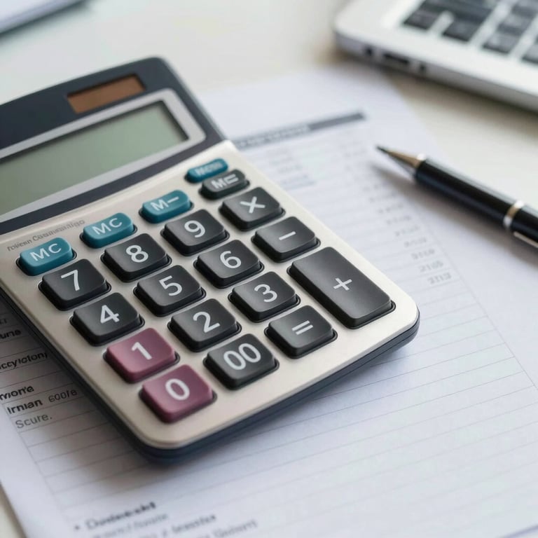 Close-up of a calculator and financial ledger on a clean, professional desk in an Indian consulting firm.