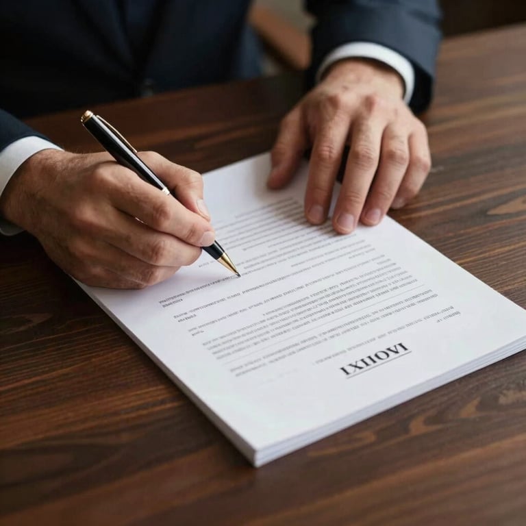 A pair of hands signing important legal documents on a dark wood desk with a high-end pen and soft lighting.