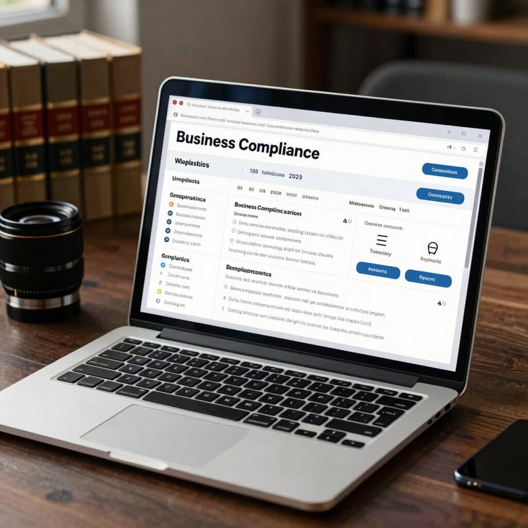 A sleek laptop showing a business compliance dashboard, surrounded by legal textbooks in a professional setting.