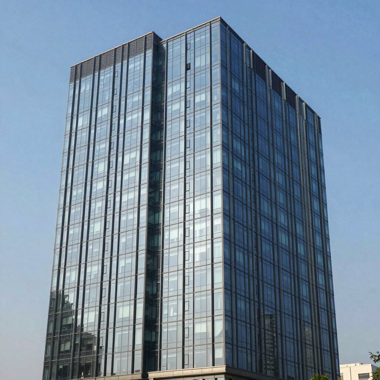 An architectural shot of a modern glass office building in Gurugram under a clear blue sky.