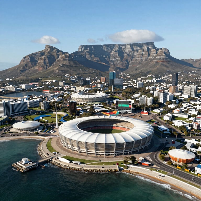 A vibrant summer beach view in Cape Town with clear blue skies and people enjoying the sun.