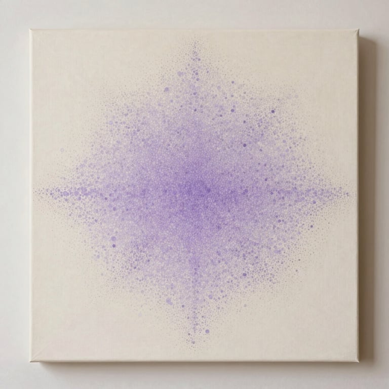 Full flatlay of a square pointillist painting, soft lavender and pale grey dots forming a slow horizontal drift from dense center to sparse edge, diffuse studio light, warm ivory canvas visible beneath lighter passages