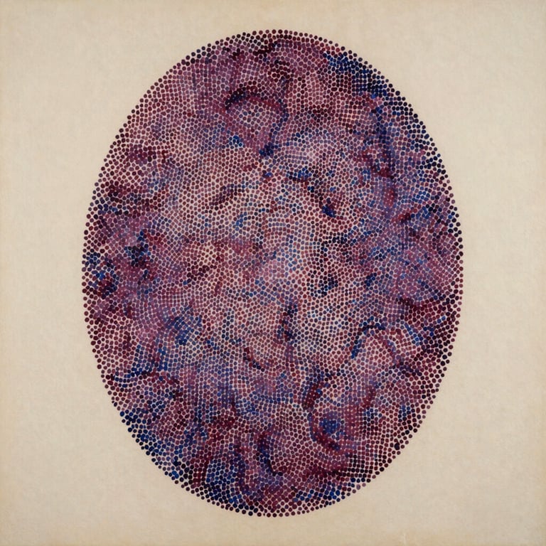 Full flatlay of a finished pointillist painting on warm ivory ground, dense field of deep aubergine and midnight blue dots building into an organic elliptical form at center, diffuse north-facing studio light, no shadows at edges, entire surface visible