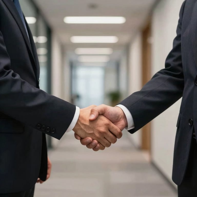 A professional handshake between two people in formal business attire in a modern UK law firm corridor, conveying trust and reliability.