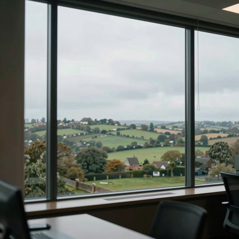 A view through a large office window of a serene British countryside landscape, representing the peace of mind that comes from financial awareness.