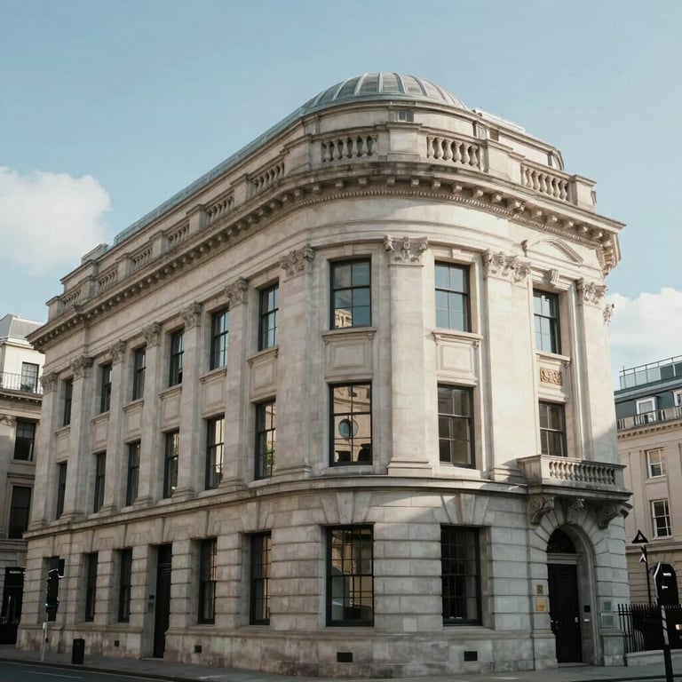 The stone exterior architecture of a prestigious legal district in a British city, showing clean lines and a professional atmosphere under a clear sky.