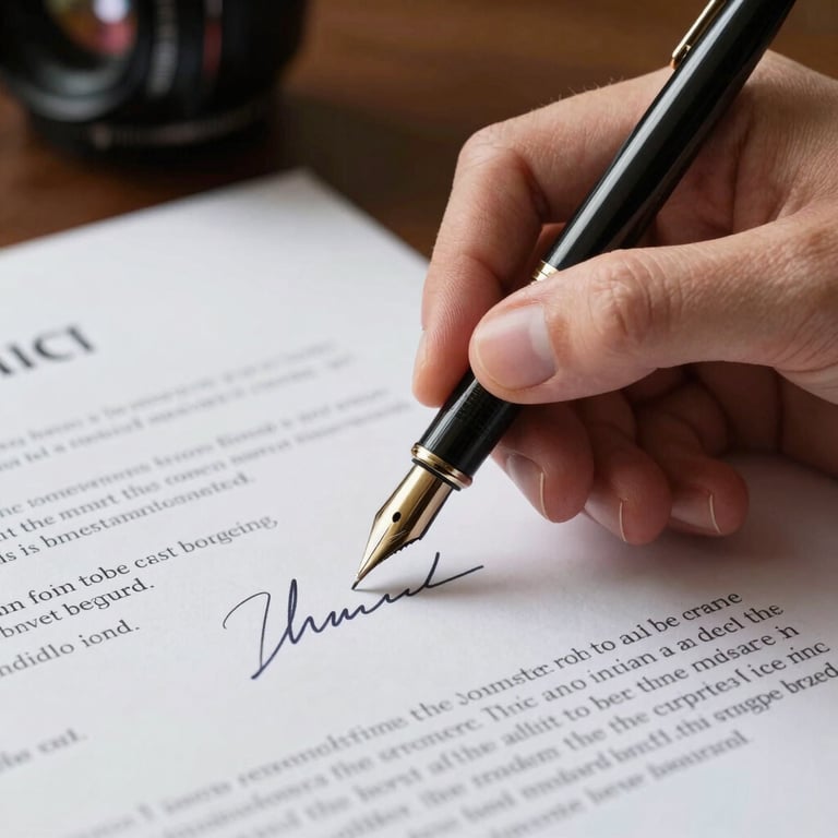 A signature being placed on a formal legal document with a high-quality fountain pen, focus on the hand and the paper in a sophisticated British setting.