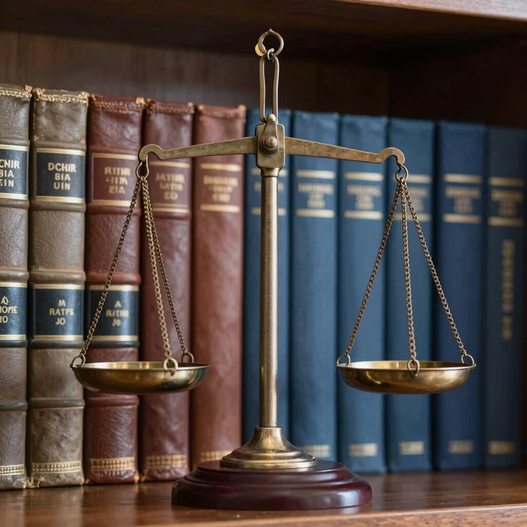 A close-up of traditional legal scales of justice sitting on a shelf of leather-bound books in a British office, featuring steel blue and gold tones.