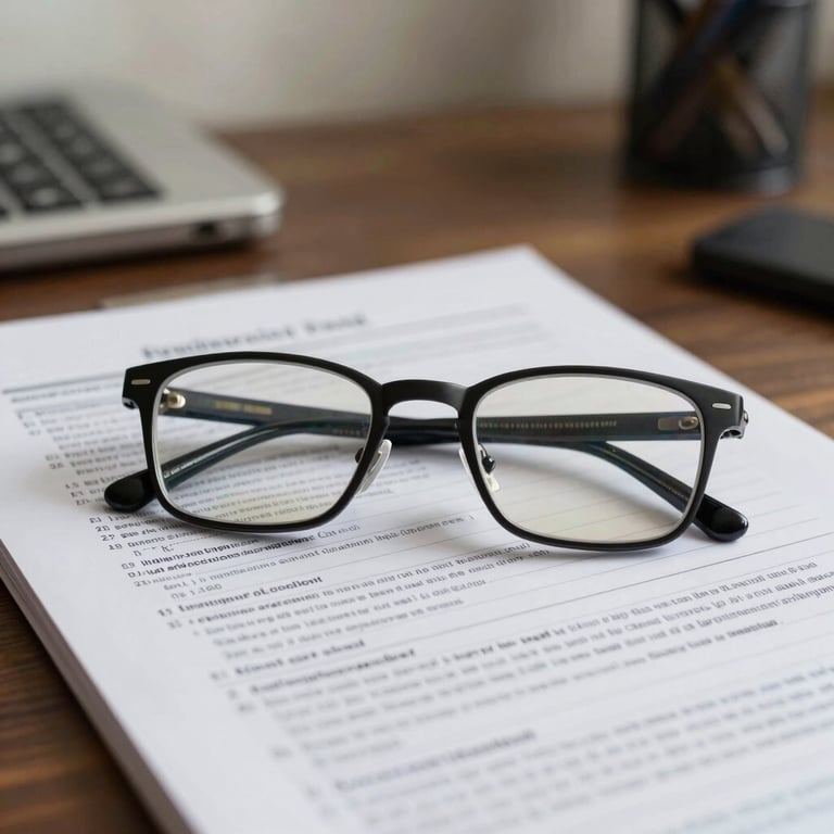A pair of reading glasses resting on a detailed inheritance tax guide with a soft-focus background of a quiet home office in the UK.