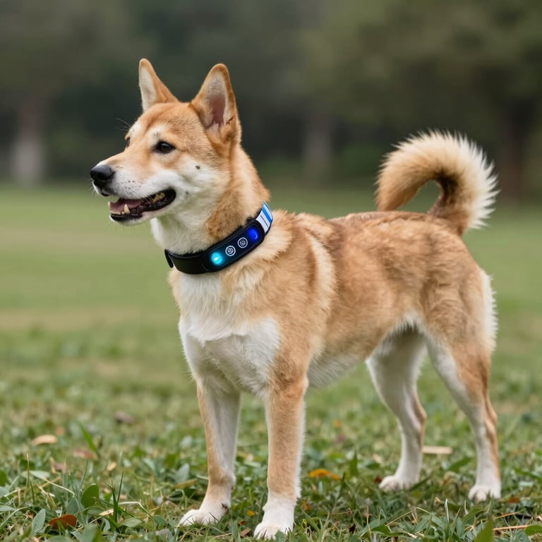A Shiba Inu dog wearing a black LED glowing GPS tracking collar in a grassy park.