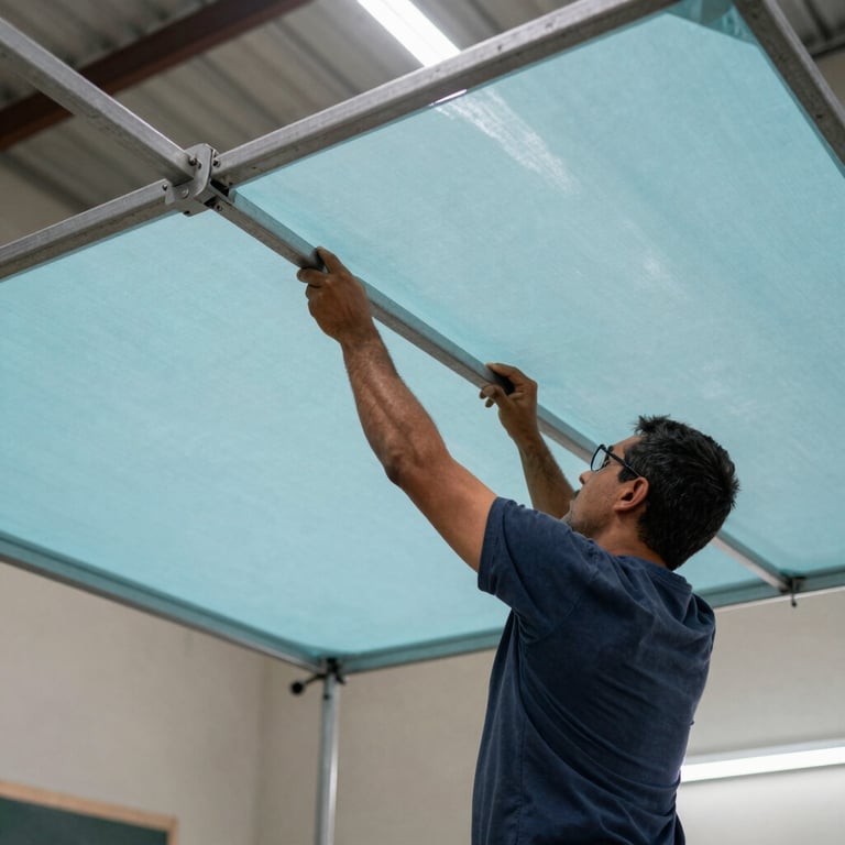 Technician in South American workshop installing a new light blue canvas on a large metal ombrelone frame.