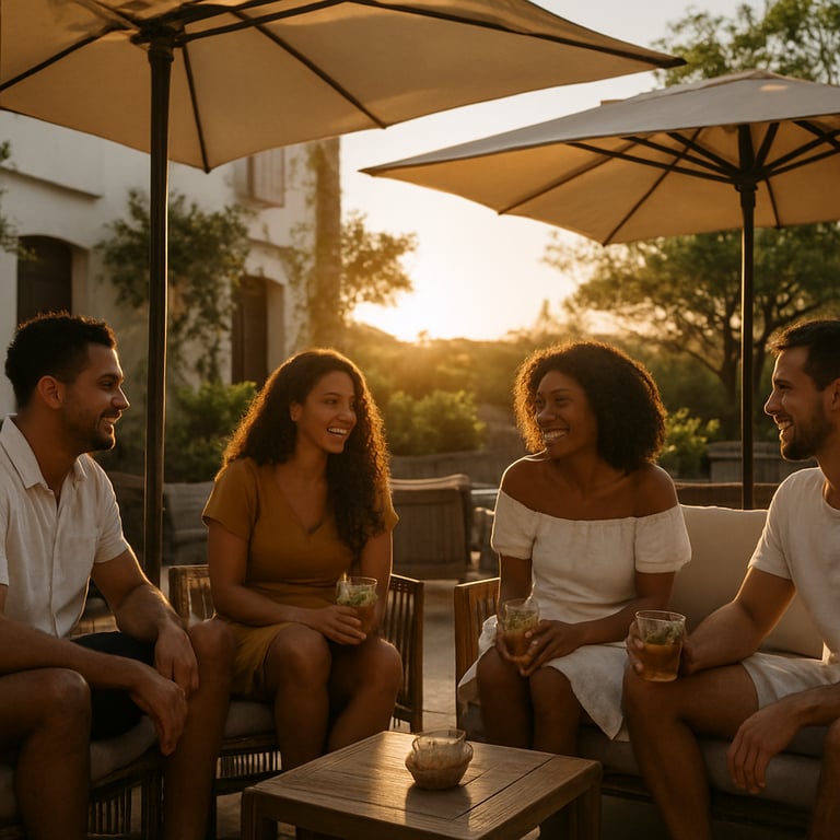 Group of Brazilian guests relaxing under large square patio umbrellas at a boutique hotel, sunset lighting.