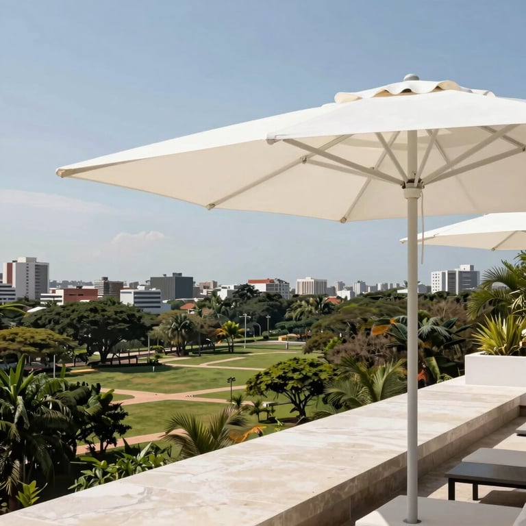 A large white cantilever ombrelone on a Brazilian luxury rooftop terrace overlooking a park, professional architectural photography.