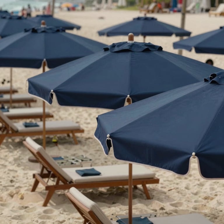 A series of navy blue umbrellas perfectly aligned at a high-end beach club in Brazil, elegant summer atmosphere.