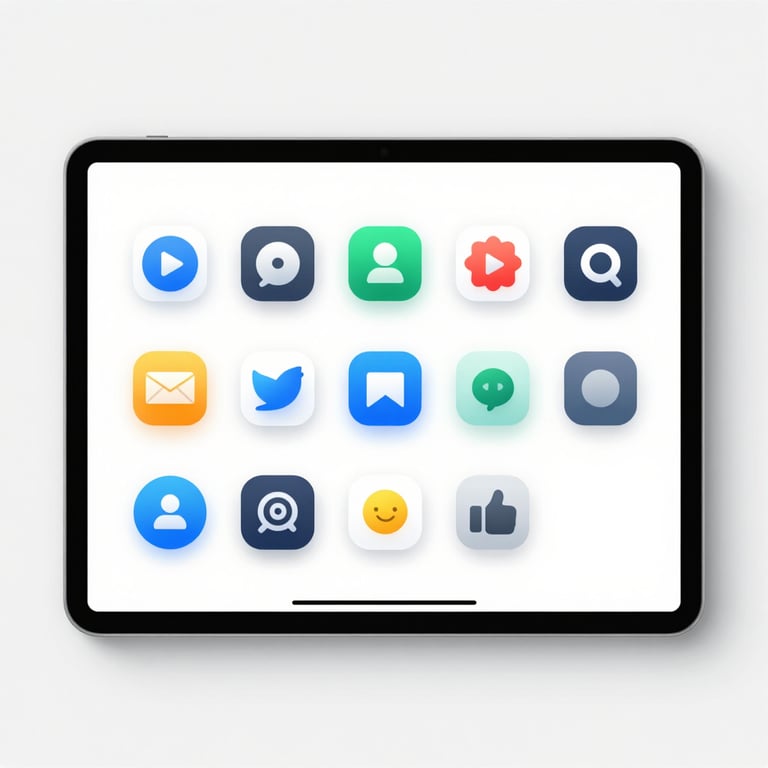 Digital tablet showing a series of custom icons designed for a modern tech firm.