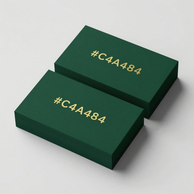 Elegant business cards stacked neatly, featuring gold foil #C4A484 accents on a dark green #1B2D26 background.