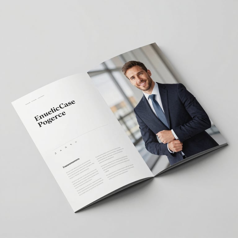 Sleek company profile brochure with high-contrast imagery and elegant serif headings.