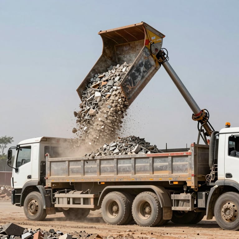 Recycled crushed stone being loaded into a truck at a South African construction project, dusty and realistic industrial scene.