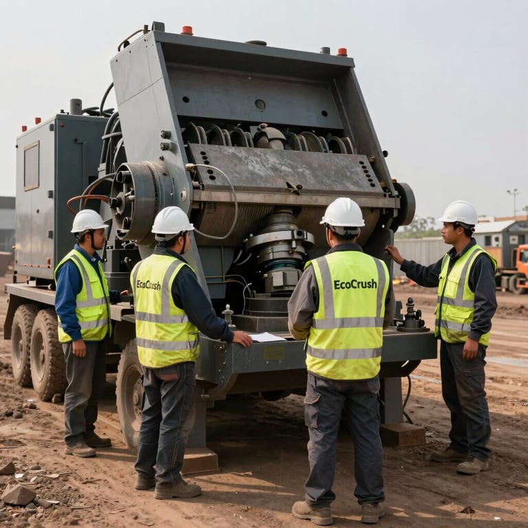 EcoCrush staff in professional safety gear standing by a large crusher at a South African mining site.