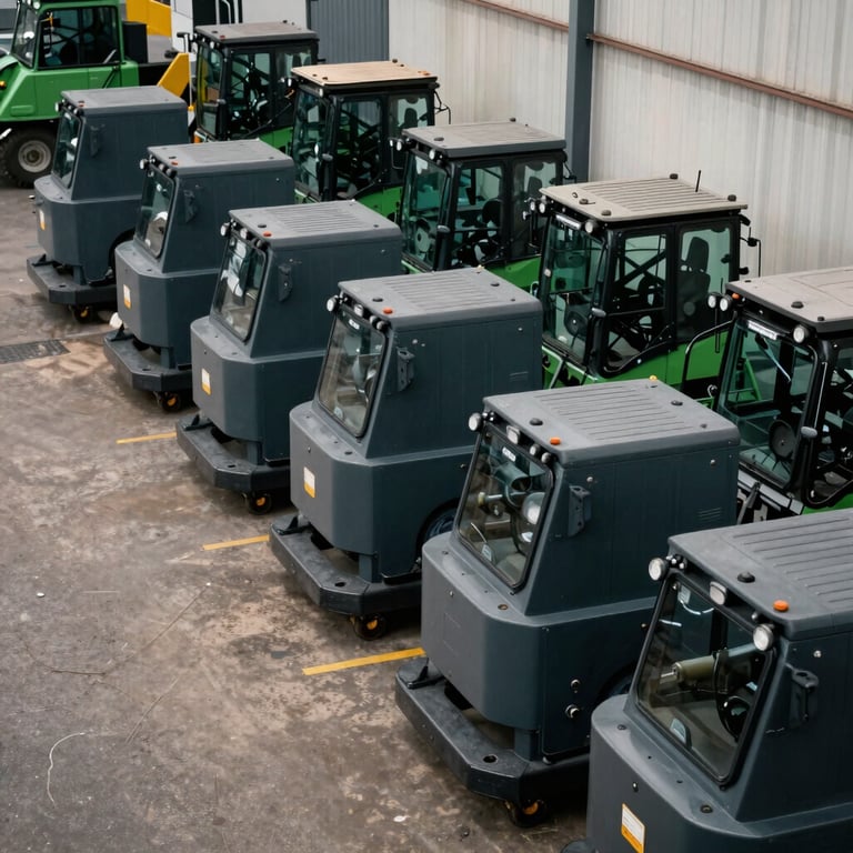 A fleet of dark slate grey and green machinery parked neatly in a South African depot.