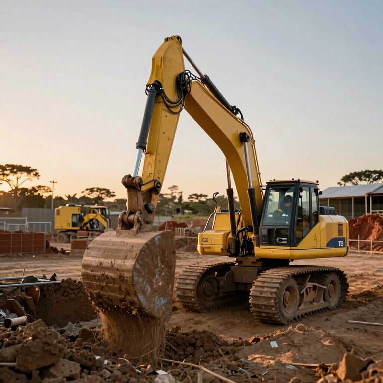 A TLB machine digging a foundation on a South African infrastructure site, sunset lighting, professional atmosphere.