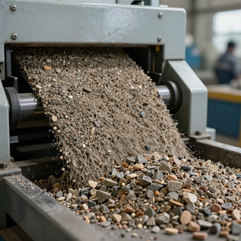 Close-up of industrial screening equipment sorting aggregate, sharp focus on the material, South African industrial background.