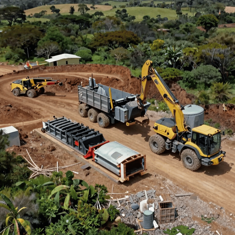 A heavy-duty mobile crusher operating in a South African recycling yard, bright daylight, industrial sage green highlights.