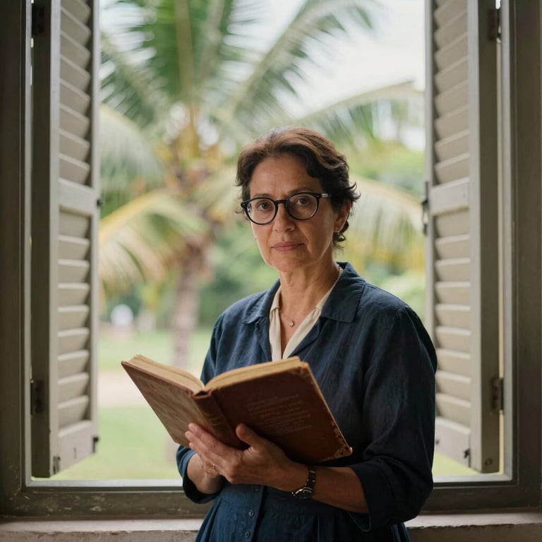Portrait of a female historian in her late 30s, wearing glasses, holding a vintage notebook in front of a colonial-era shuttered window, warm editorial photography, diffused natural daylight, 35mm.