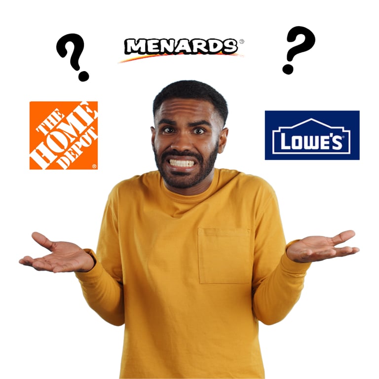 man looking confused with the home depot, lowe's, and menards logos