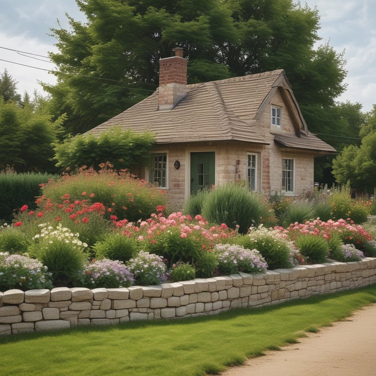 a house with a flower garden and stone retaining  wall