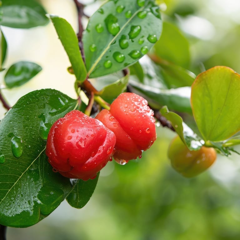 Fresh acerola cherries with water droplets after tropical rain