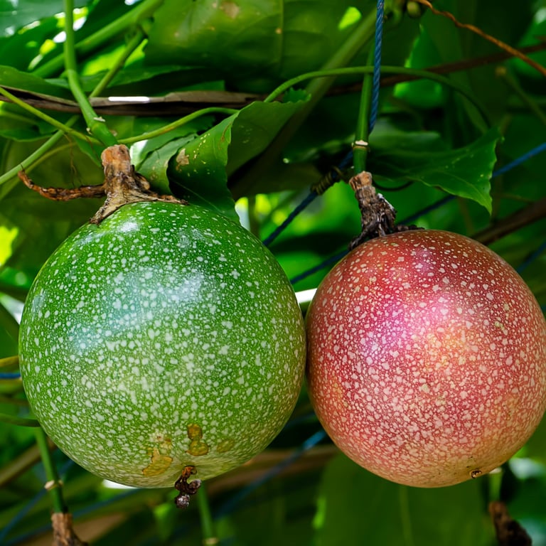 Dominican passion fruits (chinola) growing on a vine in a tropical garden.
