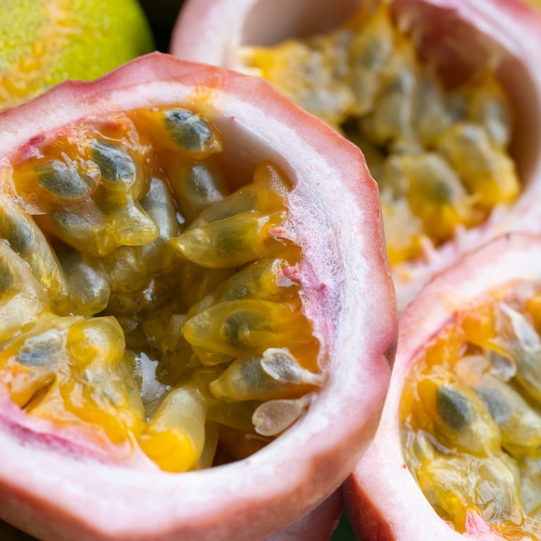 Fresh Dominican passion fruit (chinola) cut open showing its juicy yellow pulp.