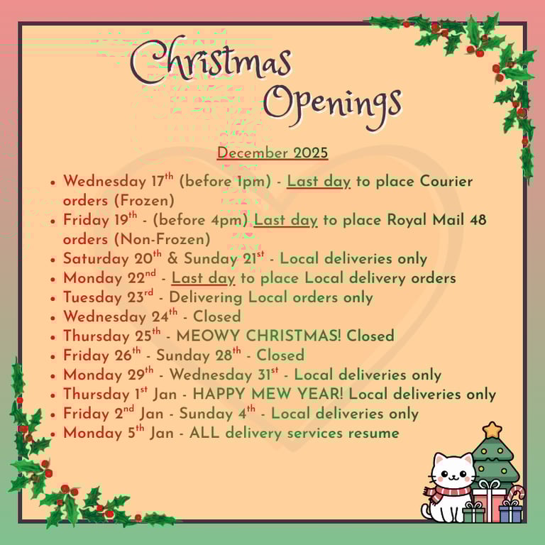 A detailed list describing Kitty's Rawr Store's Christmas Opening dates
