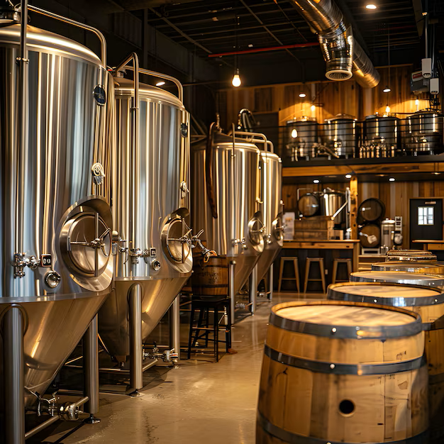 Industrial stainless steel brewery fermentation tanks and wooden beer barrels in a modern craft brewery facility.