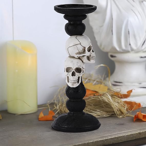 Gothic skull pillar candle holder for 3-inch candles, Halloween candlestick with antique bone finish