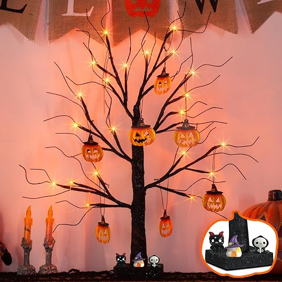 EAMBRITE 2-foot black Halloween tabletop tree with 24 LED orange lights and hanging pumpkins 
